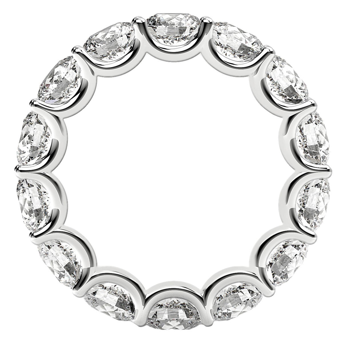 A 14k white gold eternity ring with round cut lab grown diamonds in a curved prong setting.