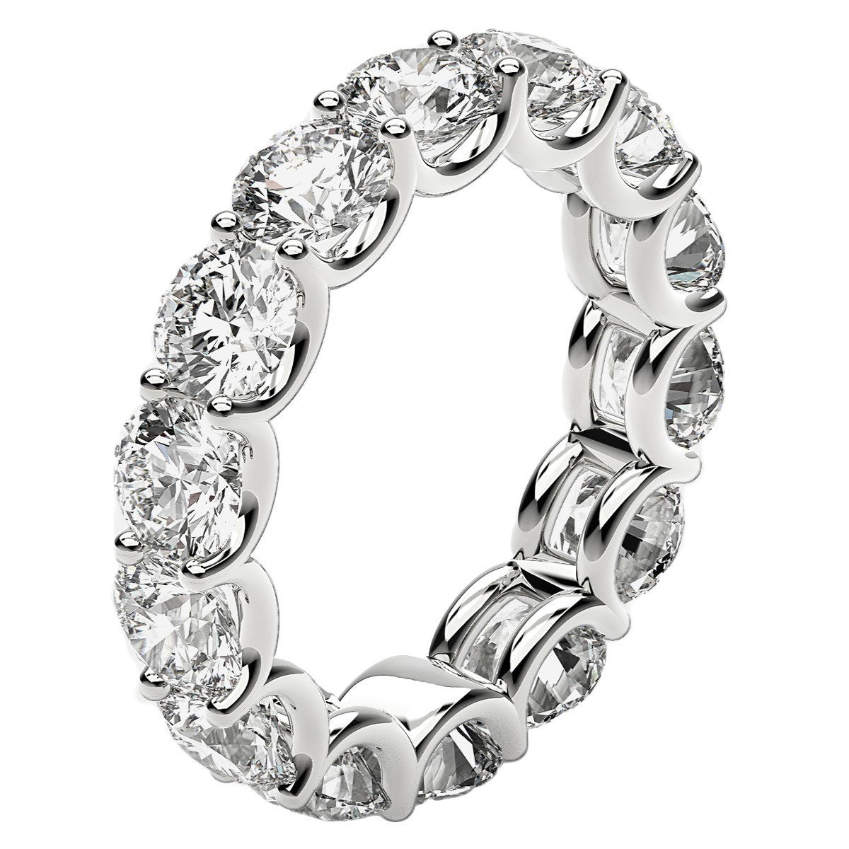 A round cut lab grown diamond eternity ring in 14k white gold.