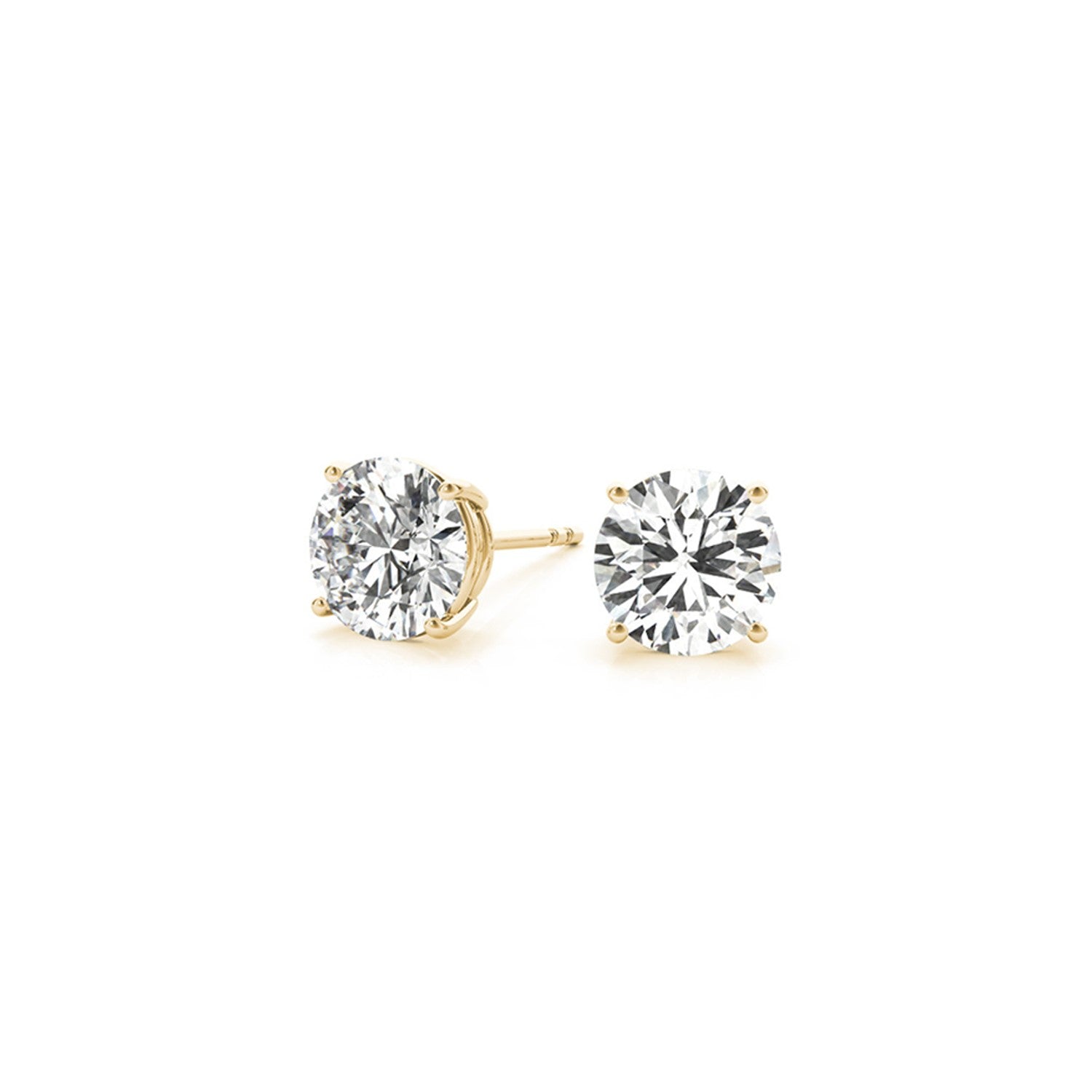 A pair of 14k yellow gold stud earrings with two round lab-grown diamonds.