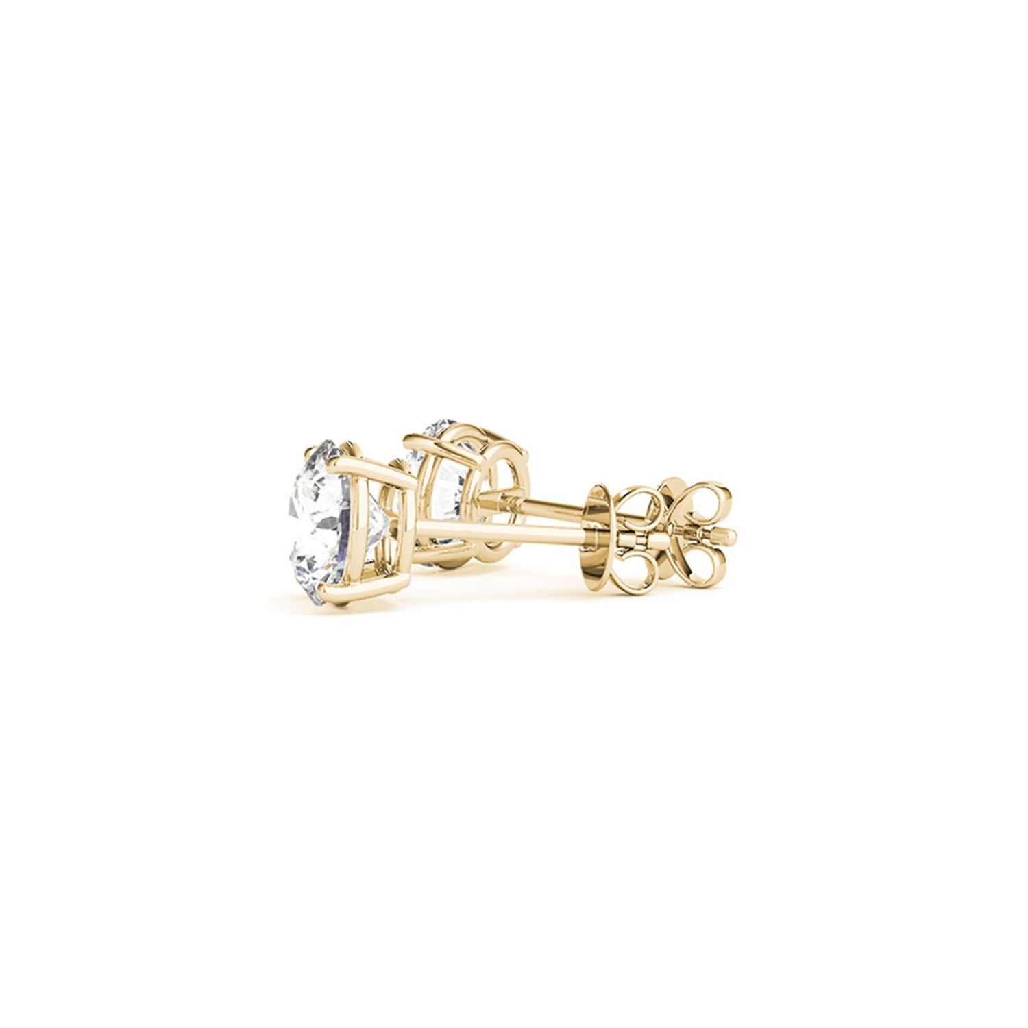 Two round lab-grown diamond stud earrings in 14k yellow gold with push backs.