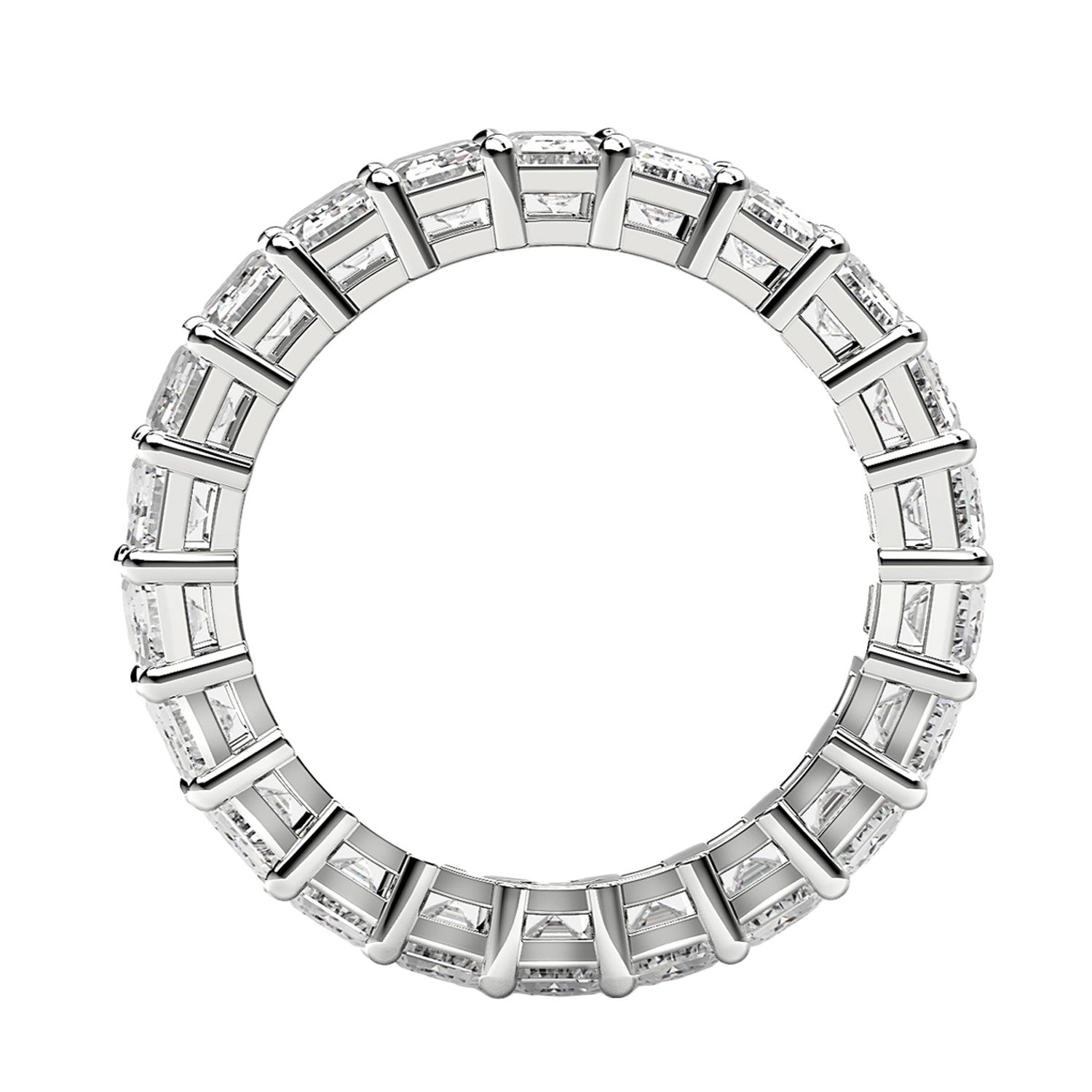 Emerald cut lab grown diamond eternity ring in 14k white gold.