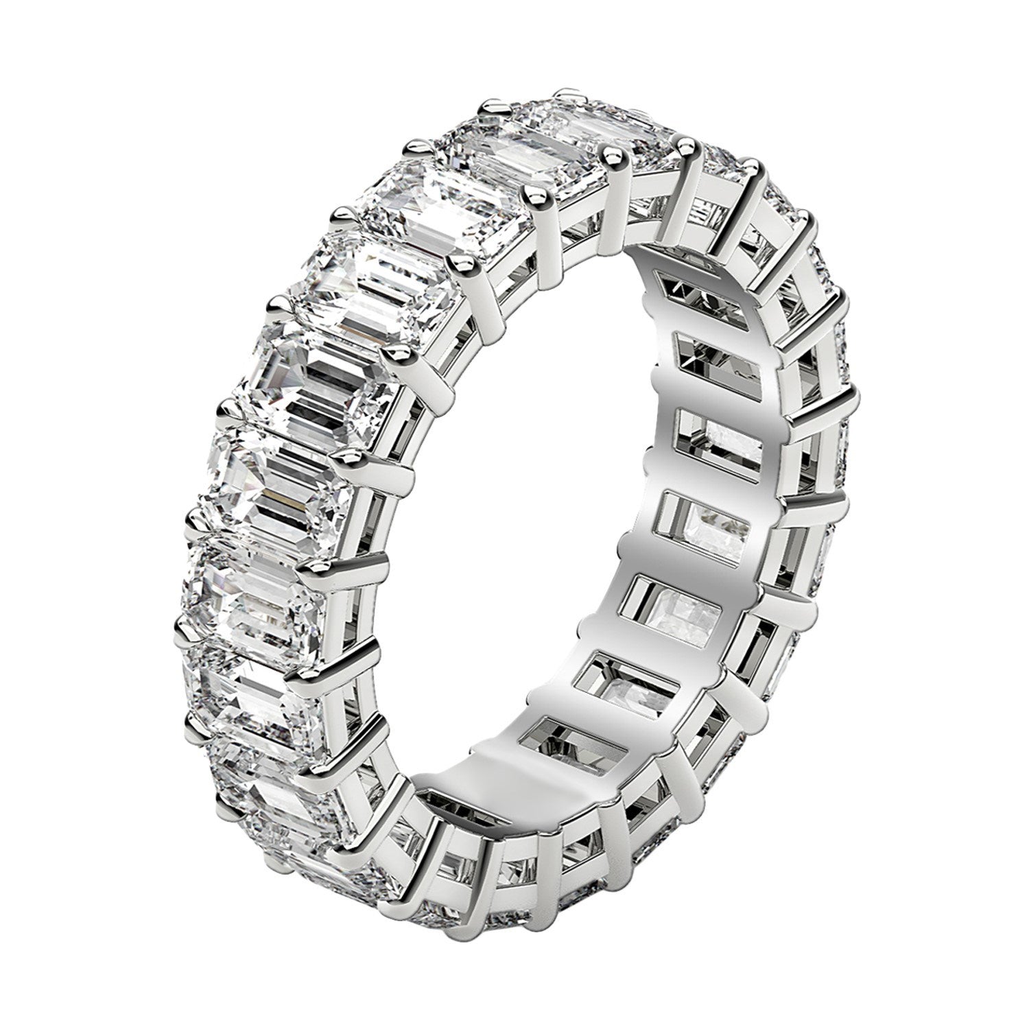 Emerald cut lab grown diamond eternity ring in 14k white gold.