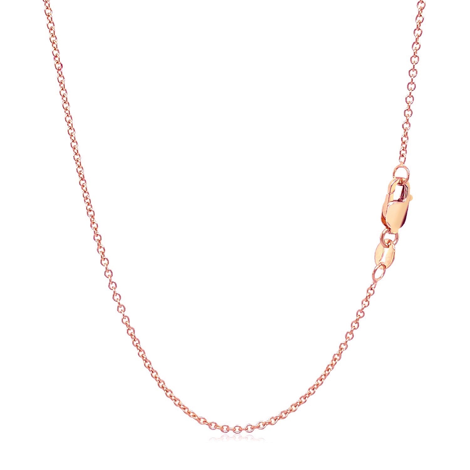 14k rose gold round cable link chain with a lobster clasp.