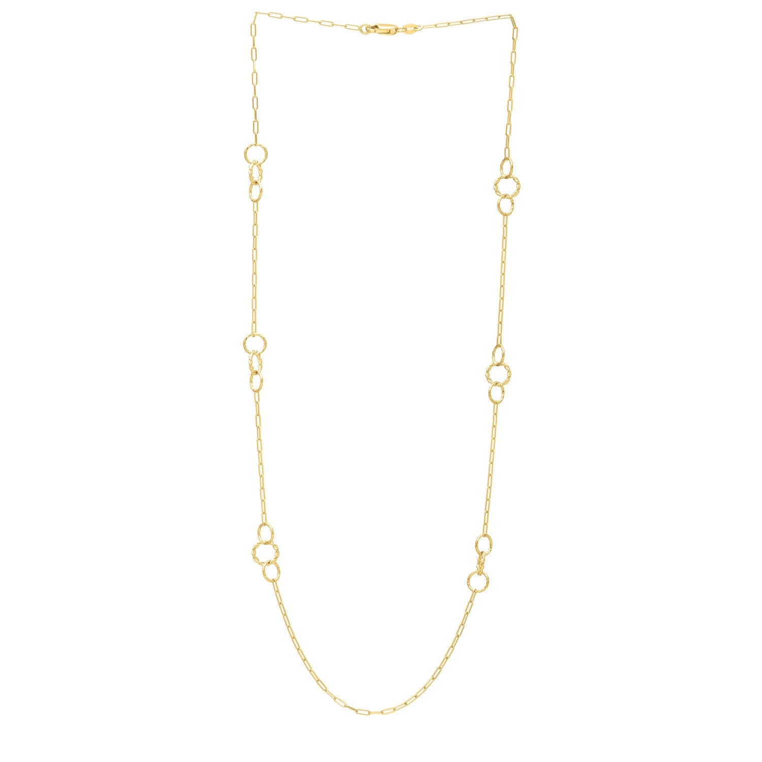 A 14K yellow gold paperclip link necklace with six sets of textured circles.