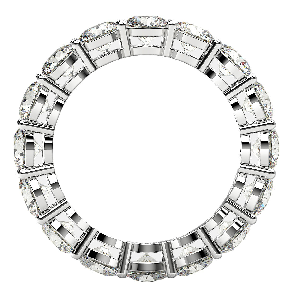 Round cut lab grown diamond eternity ring in 14k white gold.