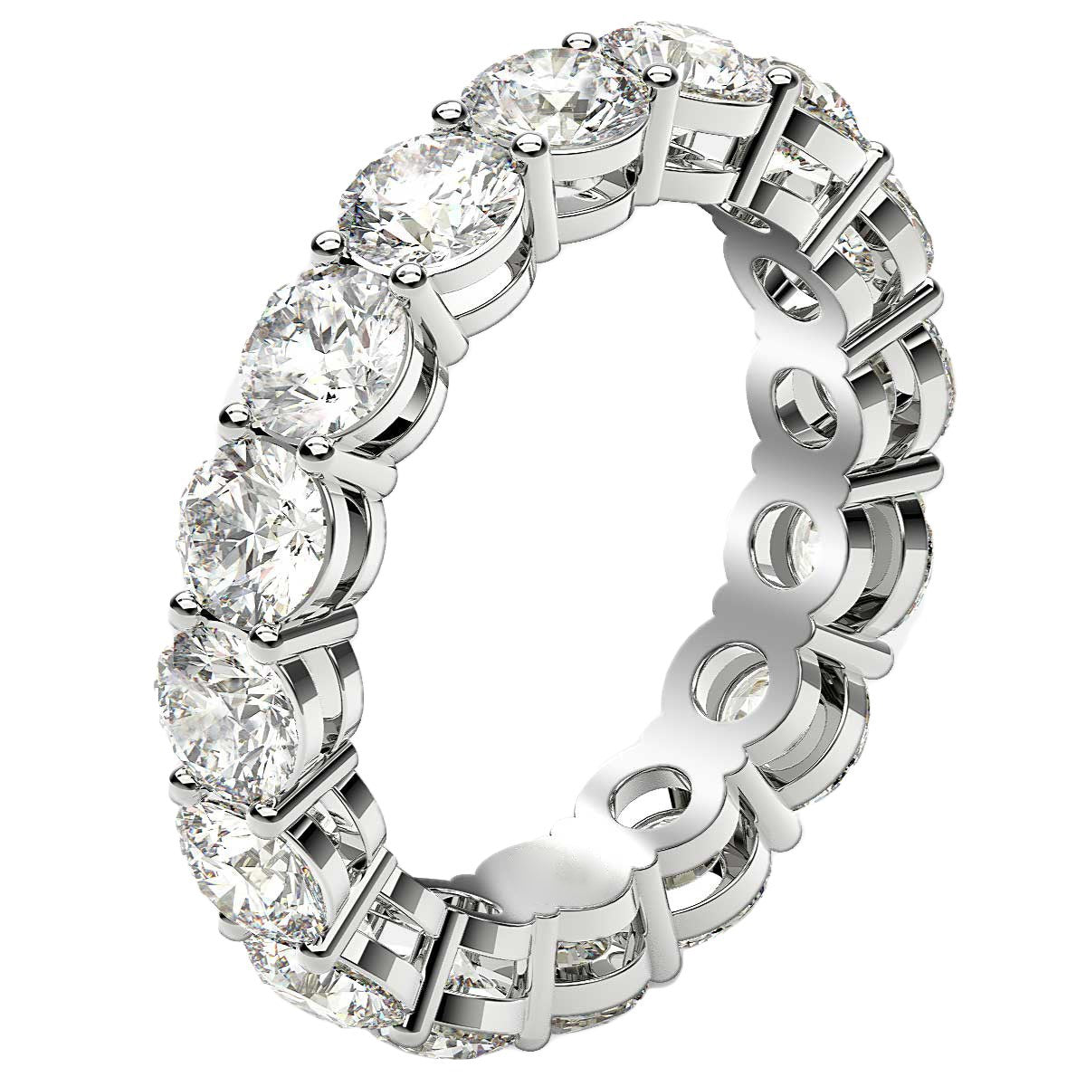 Round cut lab grown diamond eternity ring in 14k white gold.