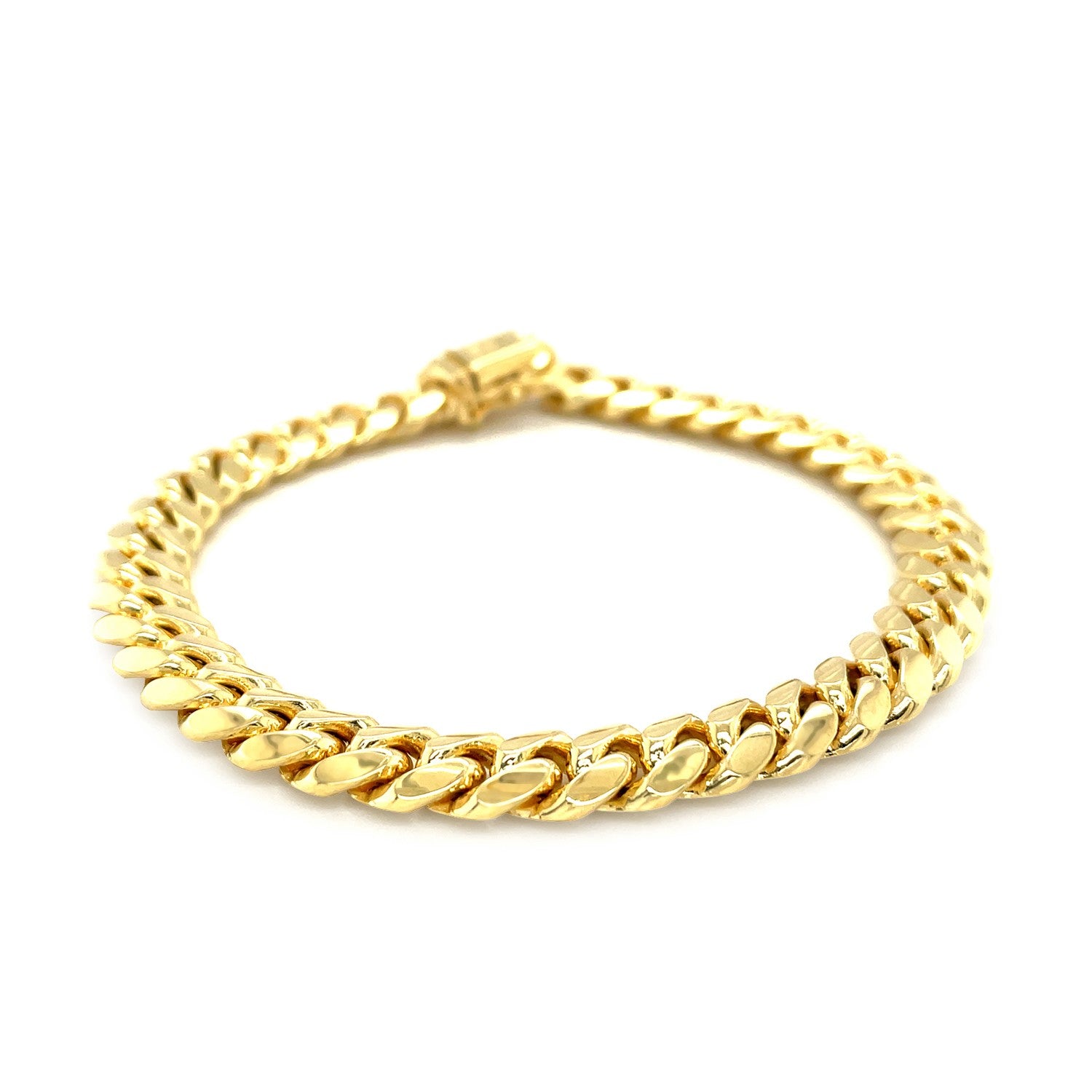 14k yellow gold classic Miami Cuban solid bracelet with a box clasp.