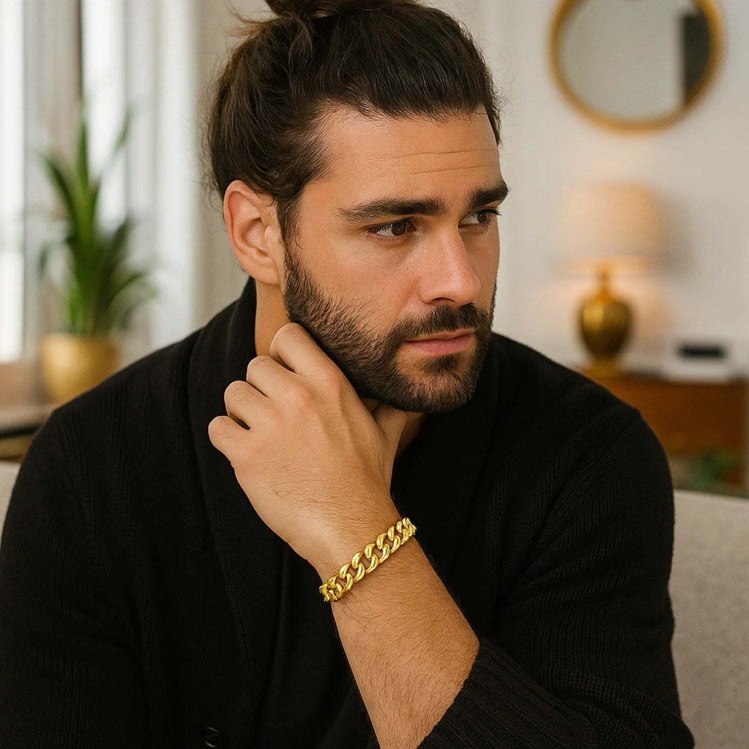 14k yellow gold classic Miami Cuban solid bracelet on a man's wrist.