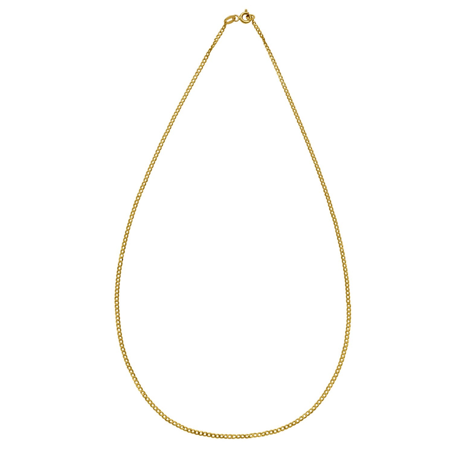 A 14k yellow gold solid curb chain with a spring ring clasp.