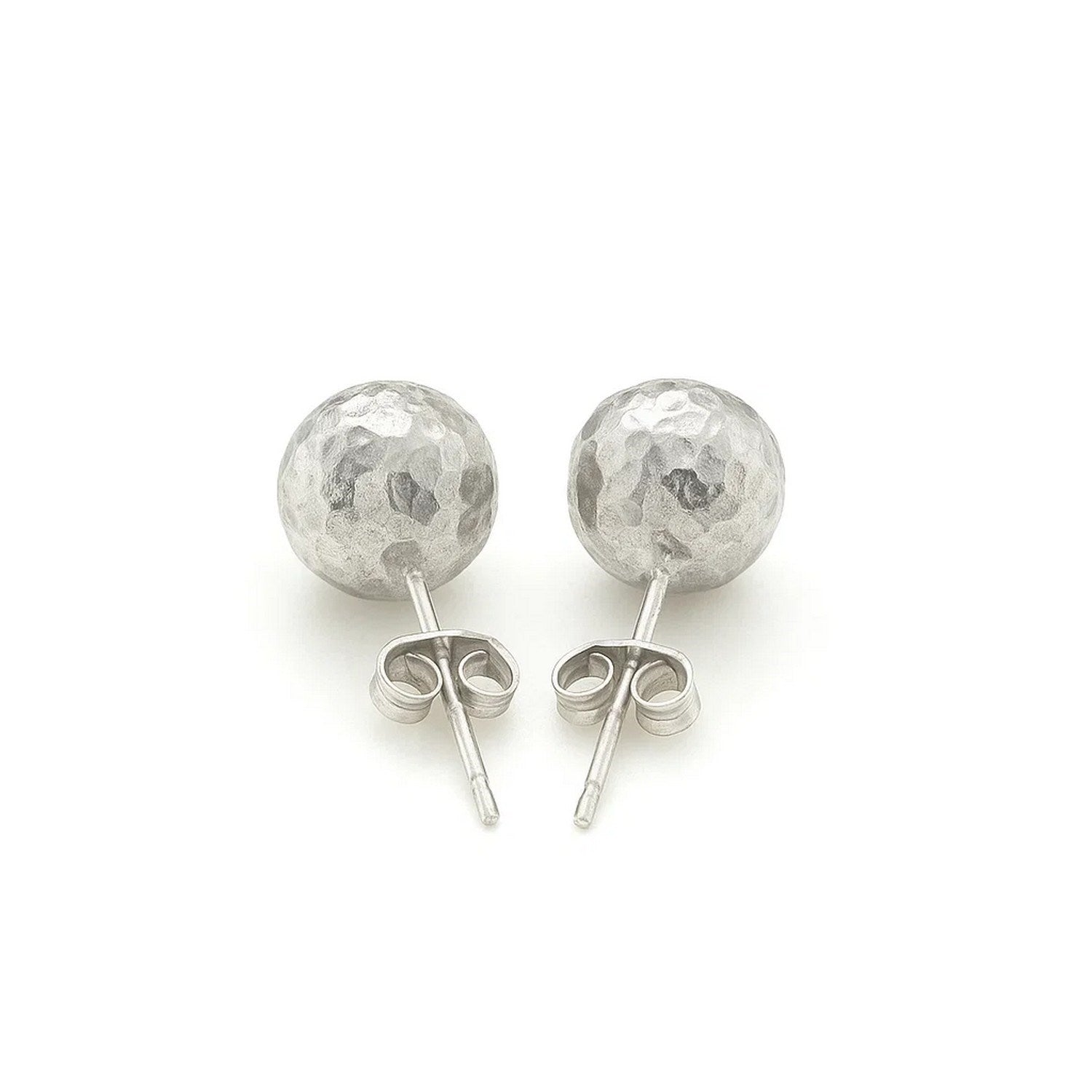 Pair of 14k white gold faceted ball stud earrings with pushback clasps.