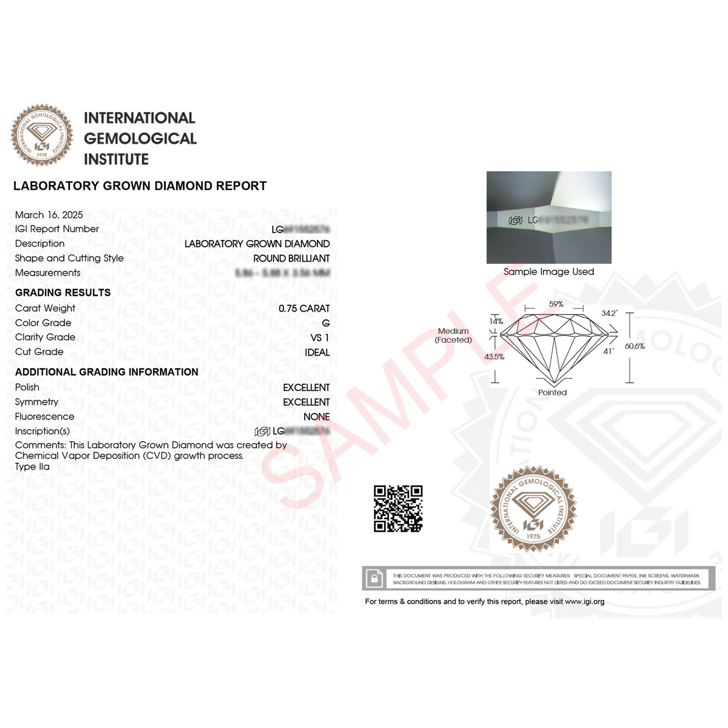 An IGI certified lab-grown diamond report for a 0.75 carat round brilliant diamond.