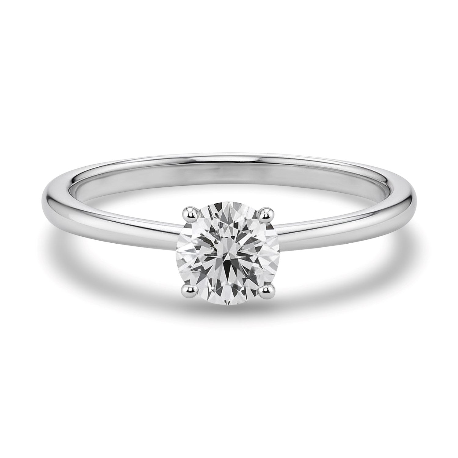 A sterling silver solitaire ring with a round, brilliant-cut lab-grown diamond.