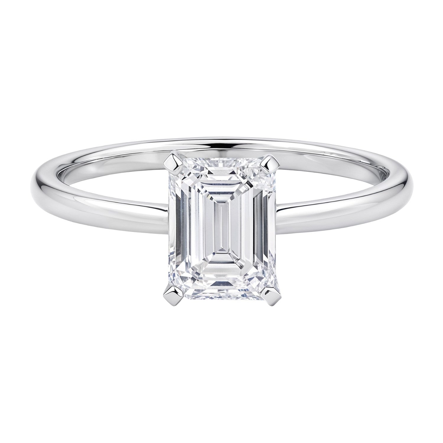 Emerald lab grown diamond solitaire ring in 10K white gold.