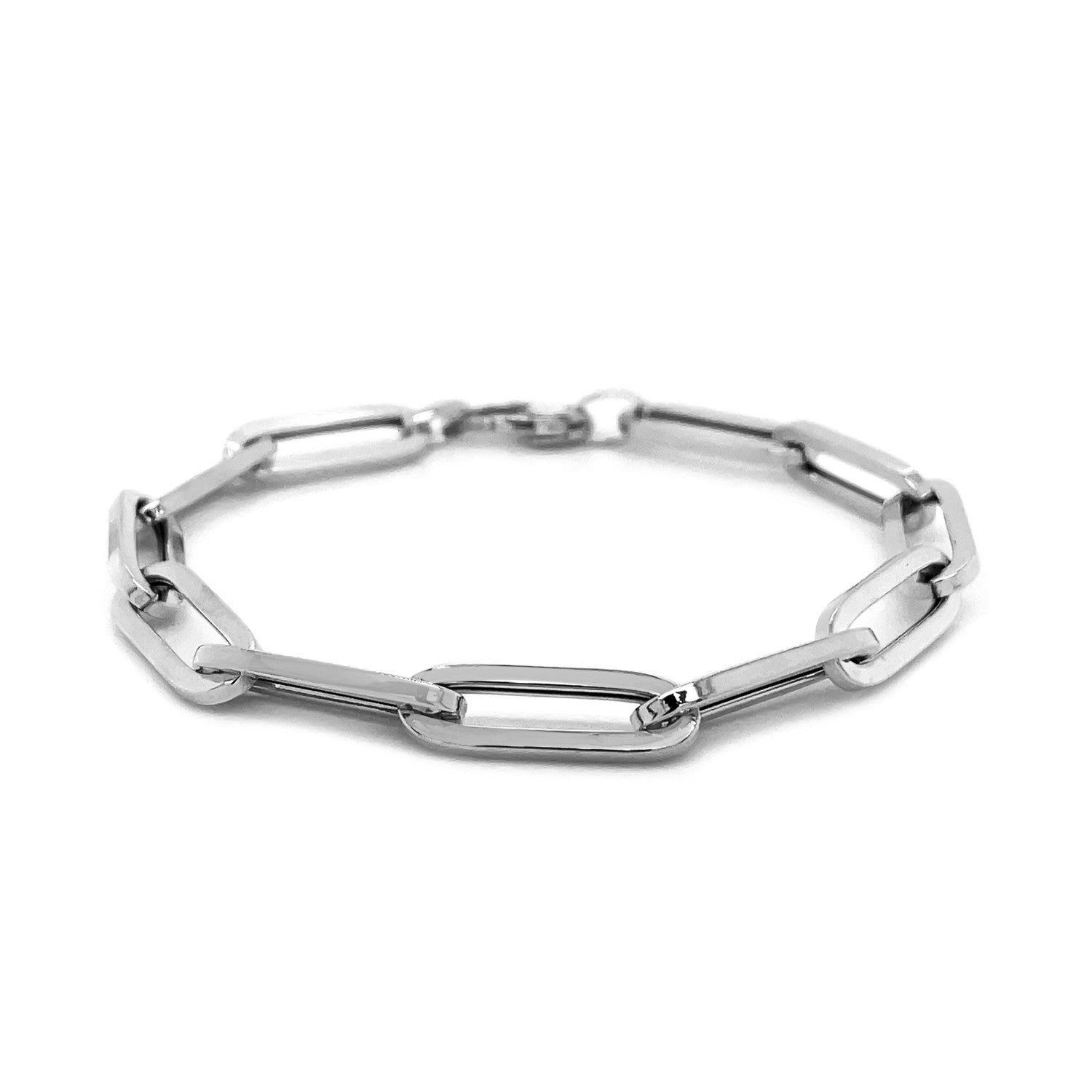 14K white gold extra wide paperclip chain bracelet with a lobster clasp.