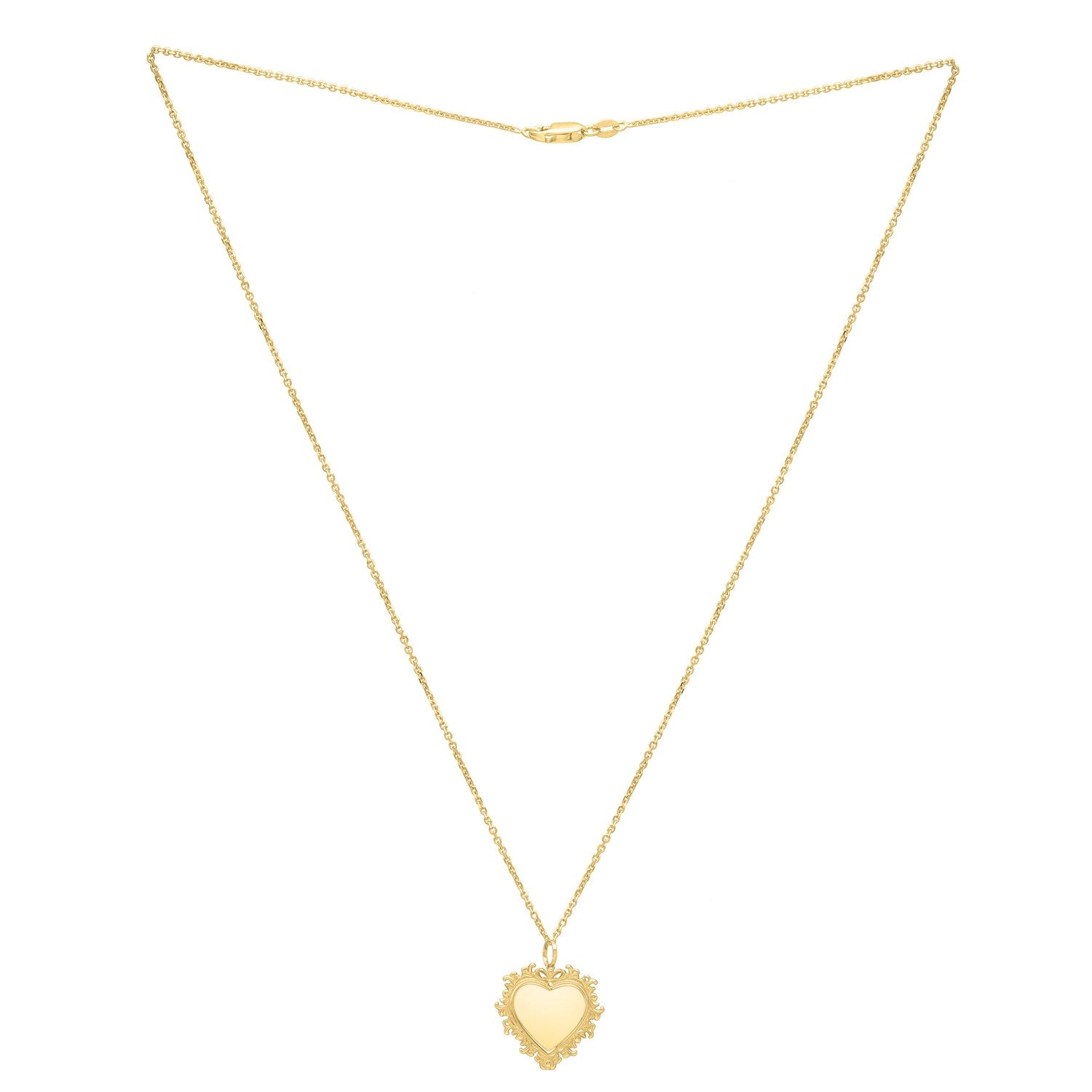 14K yellow gold baroque heart necklace with a delicate lace-like trim and lobster clasp.