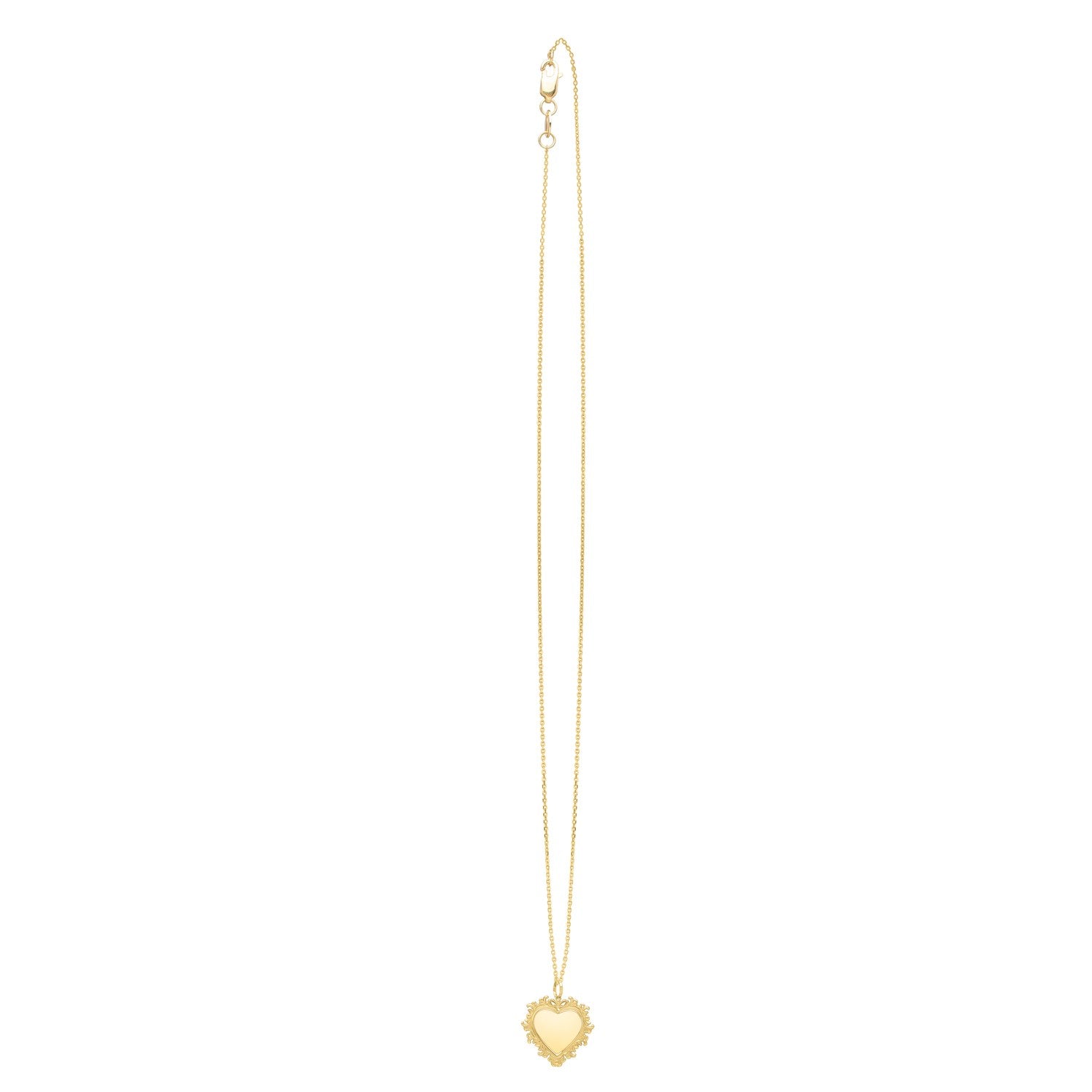 A 14K yellow gold baroque heart necklace with a delicate lace-like trim.