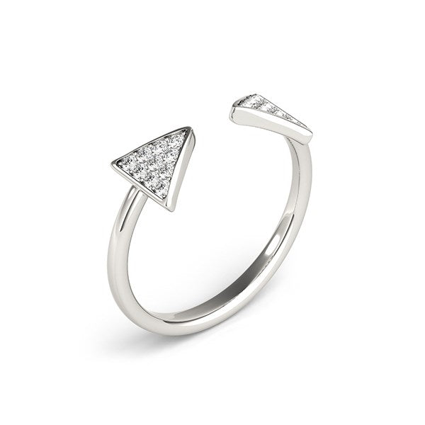 14k white gold open ring with diamond-studded arrowheads on each end.