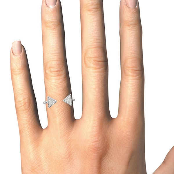 14k white gold open ring with two diamond-encrusted arrowheads.