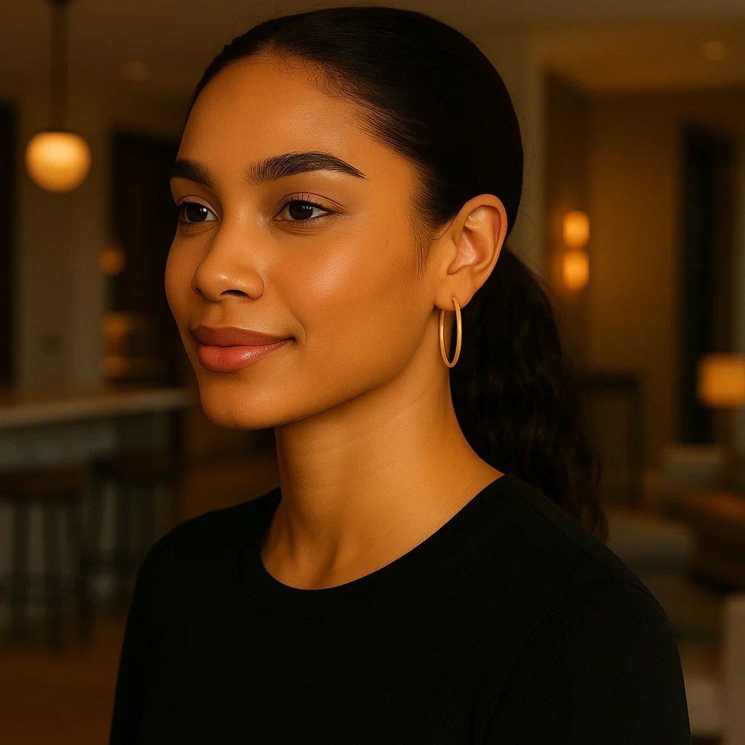 10k yellow gold polished hoop earrings on a woman with dark hair.