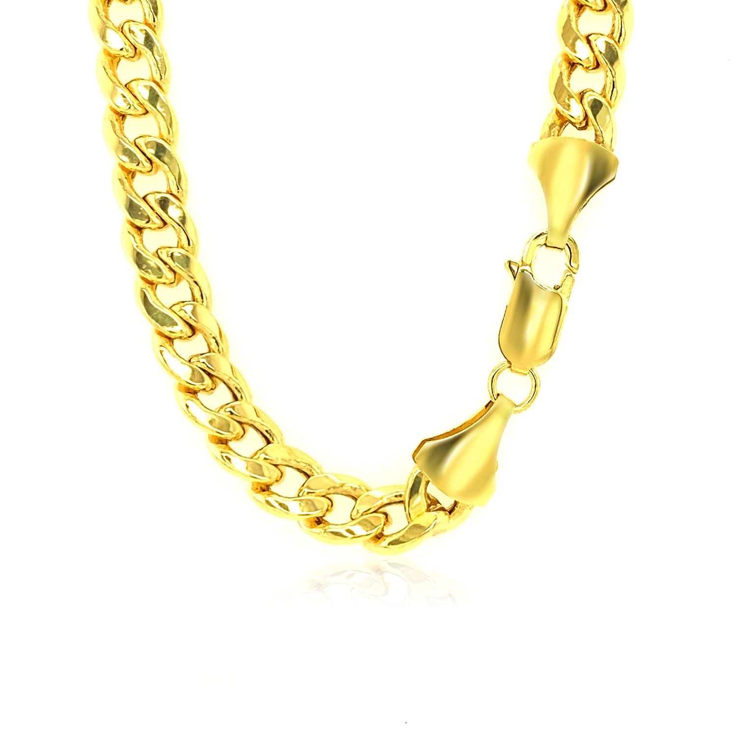14k yellow gold Miami Cuban semi-solid chain with a lobster clasp.