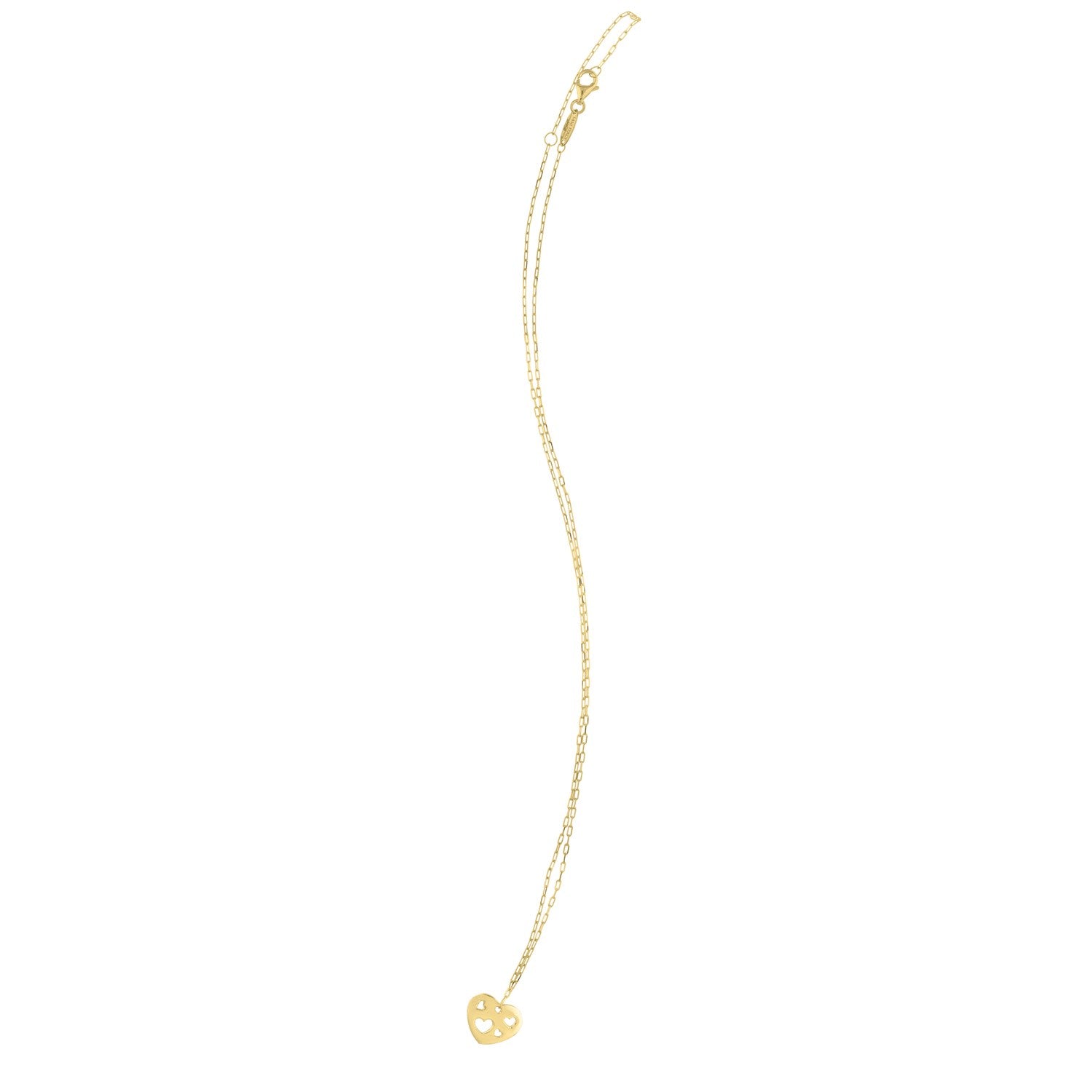 A 14K yellow gold necklace with a cutout heart pendant on a paperclip-link chain.