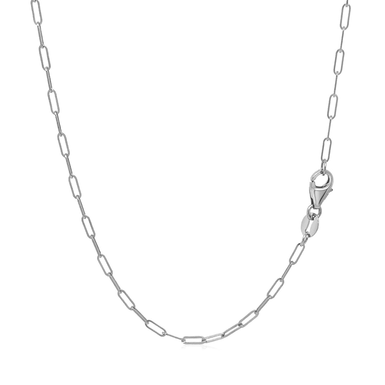 14K white gold paperclip chain with a lobster clasp.