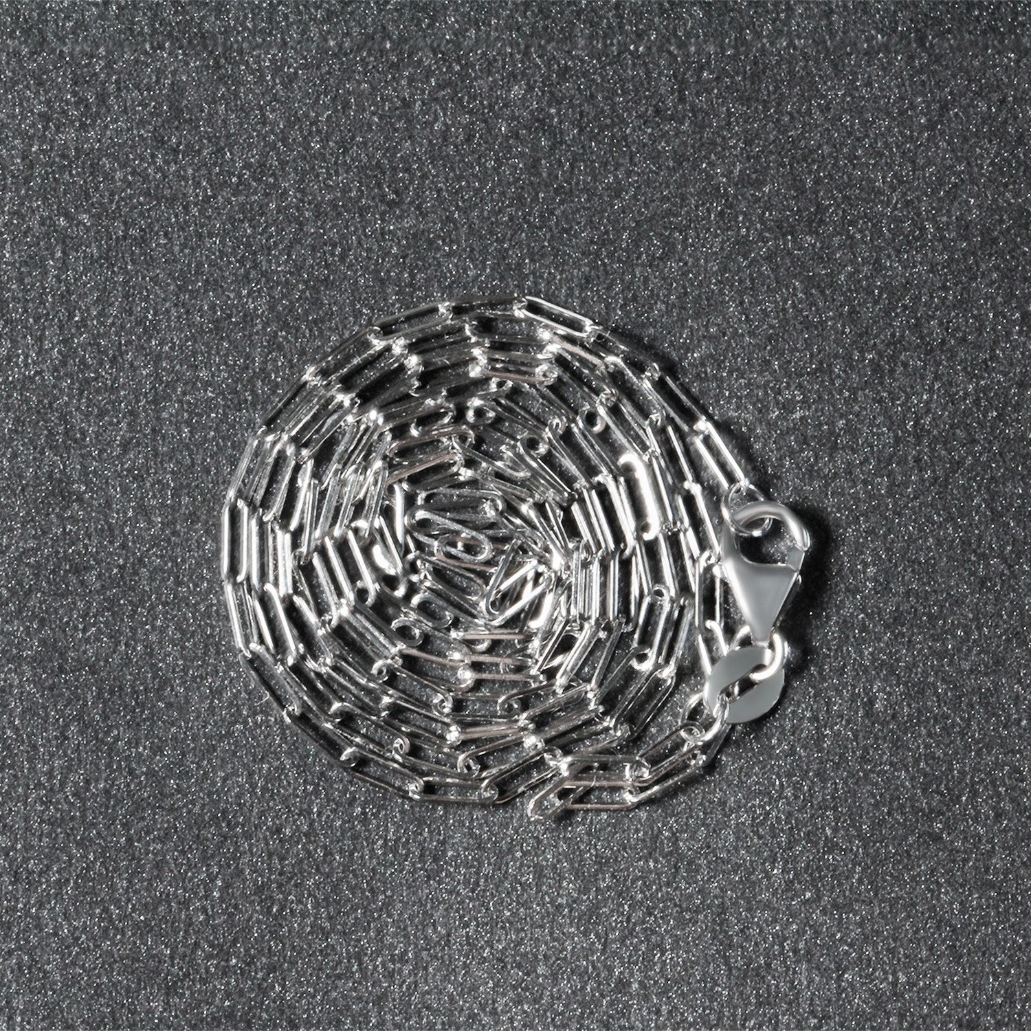14K white gold paperclip chain with a lobster clasp, coiled on a dark background.
