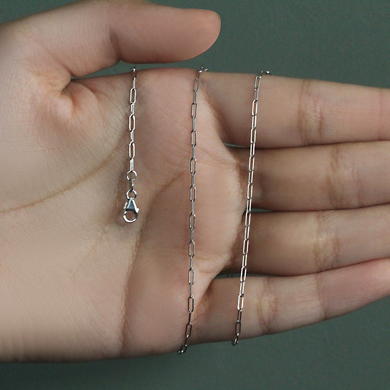 14K white gold paperclip chain with a lobster clasp held in a hand.