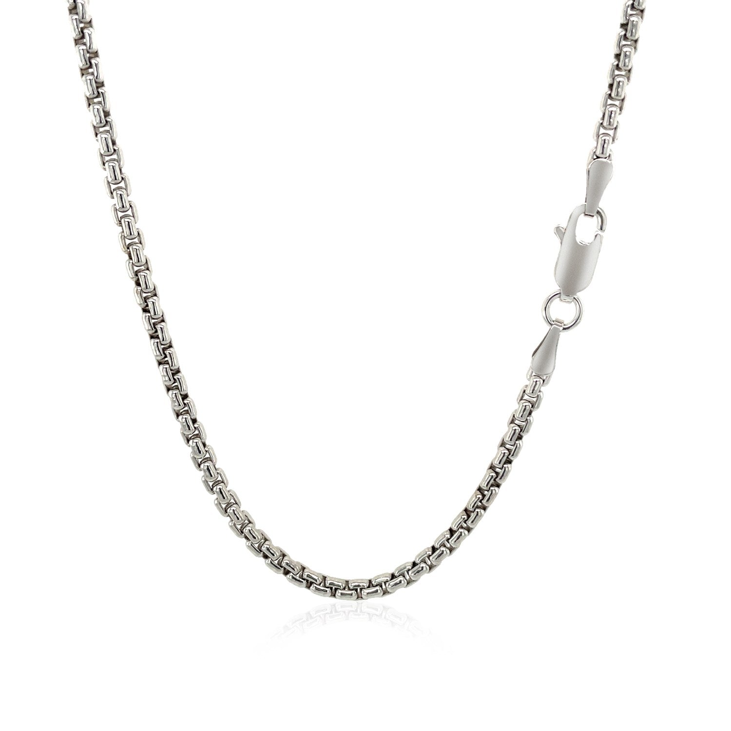 Sterling silver rhodium-plated round box chain with a lobster clasp.