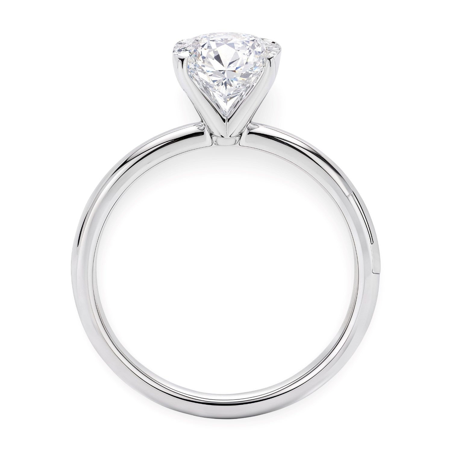 A 14K white gold solitaire ring with a 2 carat oval lab-grown diamond.