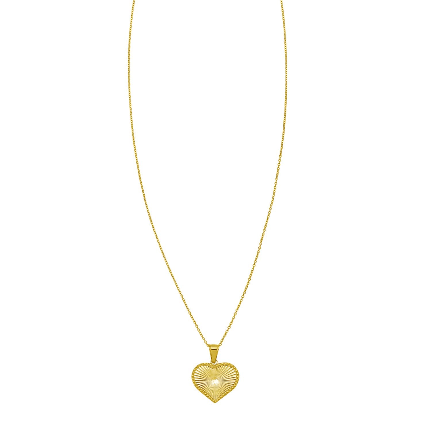 14K yellow gold radiating heart necklace with a cable chain and lobster clasp.