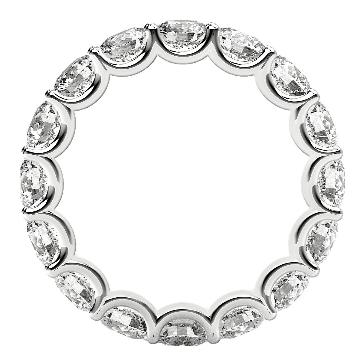 A 14k white gold eternity ring with round lab-grown diamonds in curved prong settings.