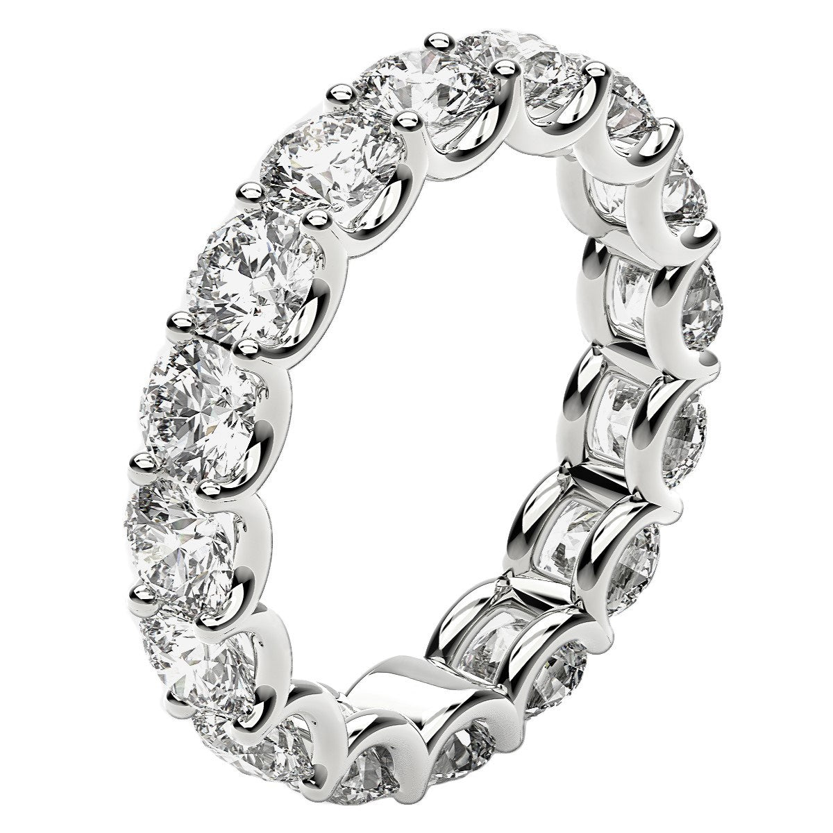 Round cut lab grown diamond eternity ring in 14k white gold.