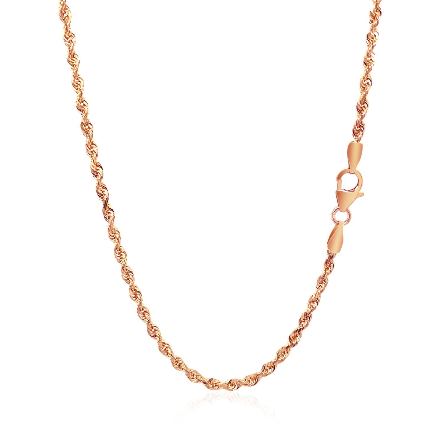 A 14k rose gold solid diamond cut rope chain with a lobster clasp.
