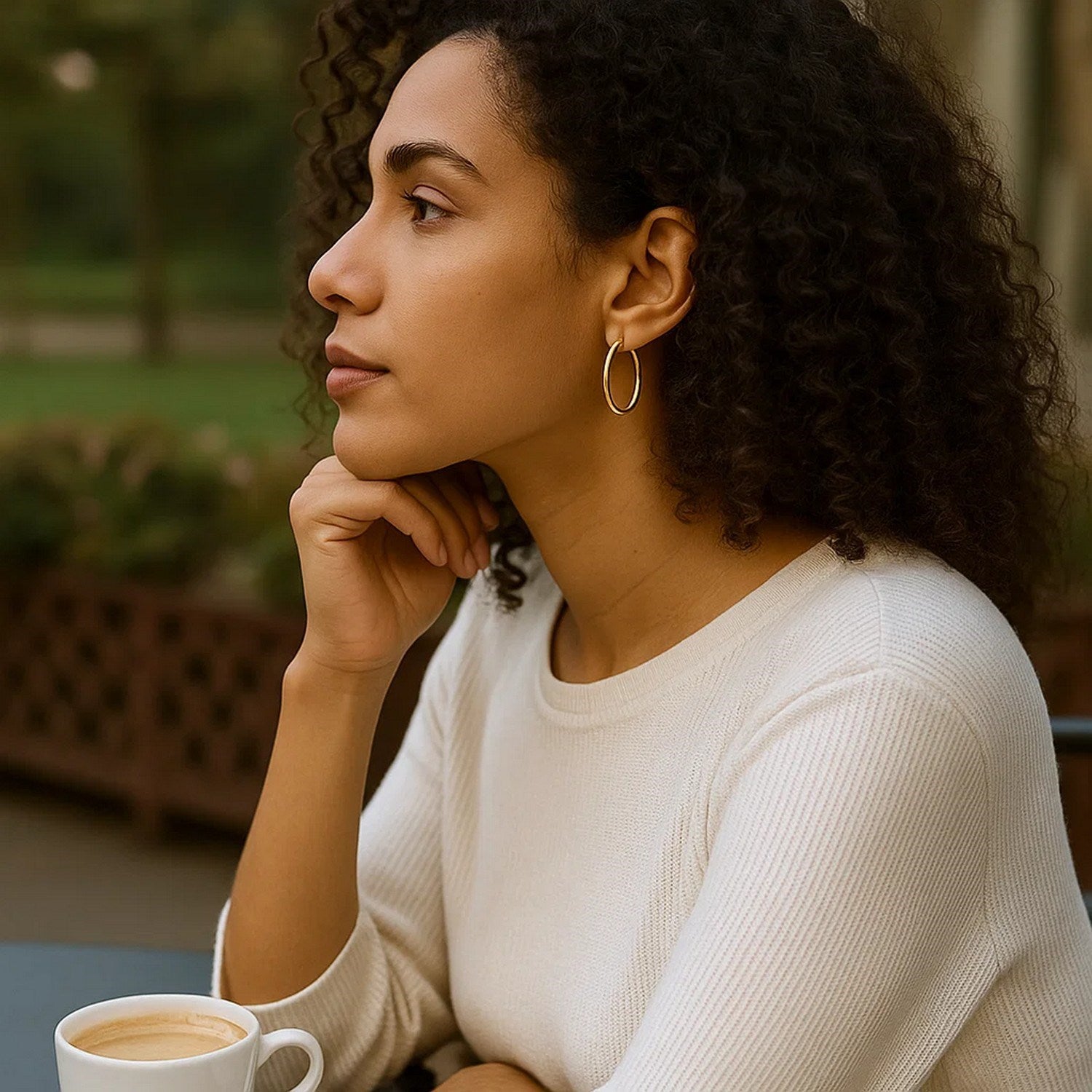 14k yellow gold endless oval hoop earrings on a woman with curly hair.