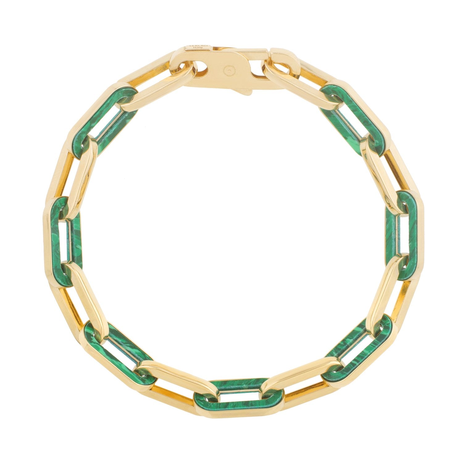 14k yellow gold paperclip link bracelet with green malachite inlays and a lobster clasp.