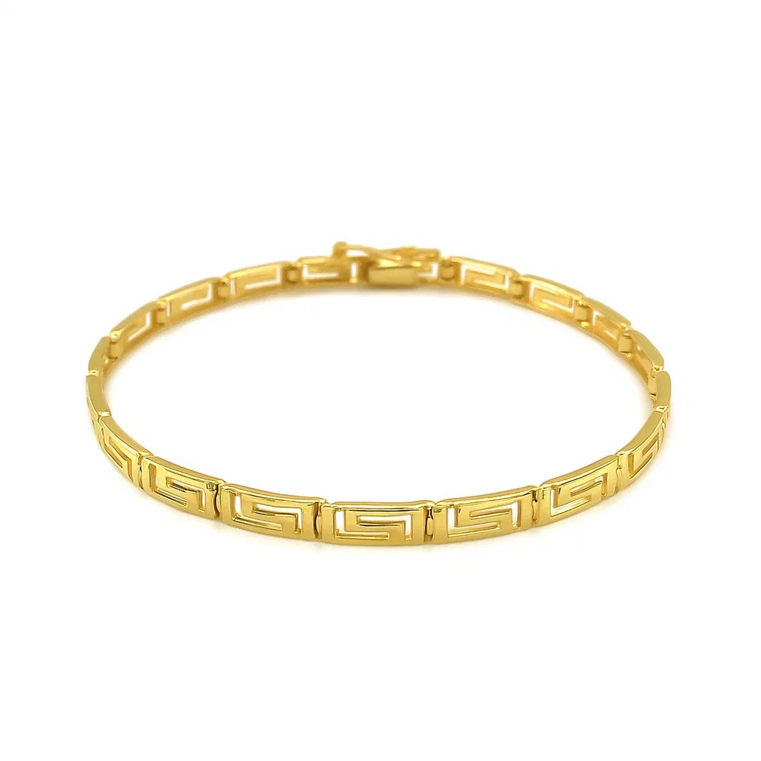 14k yellow gold bracelet with a Greek fret design and a box clasp.