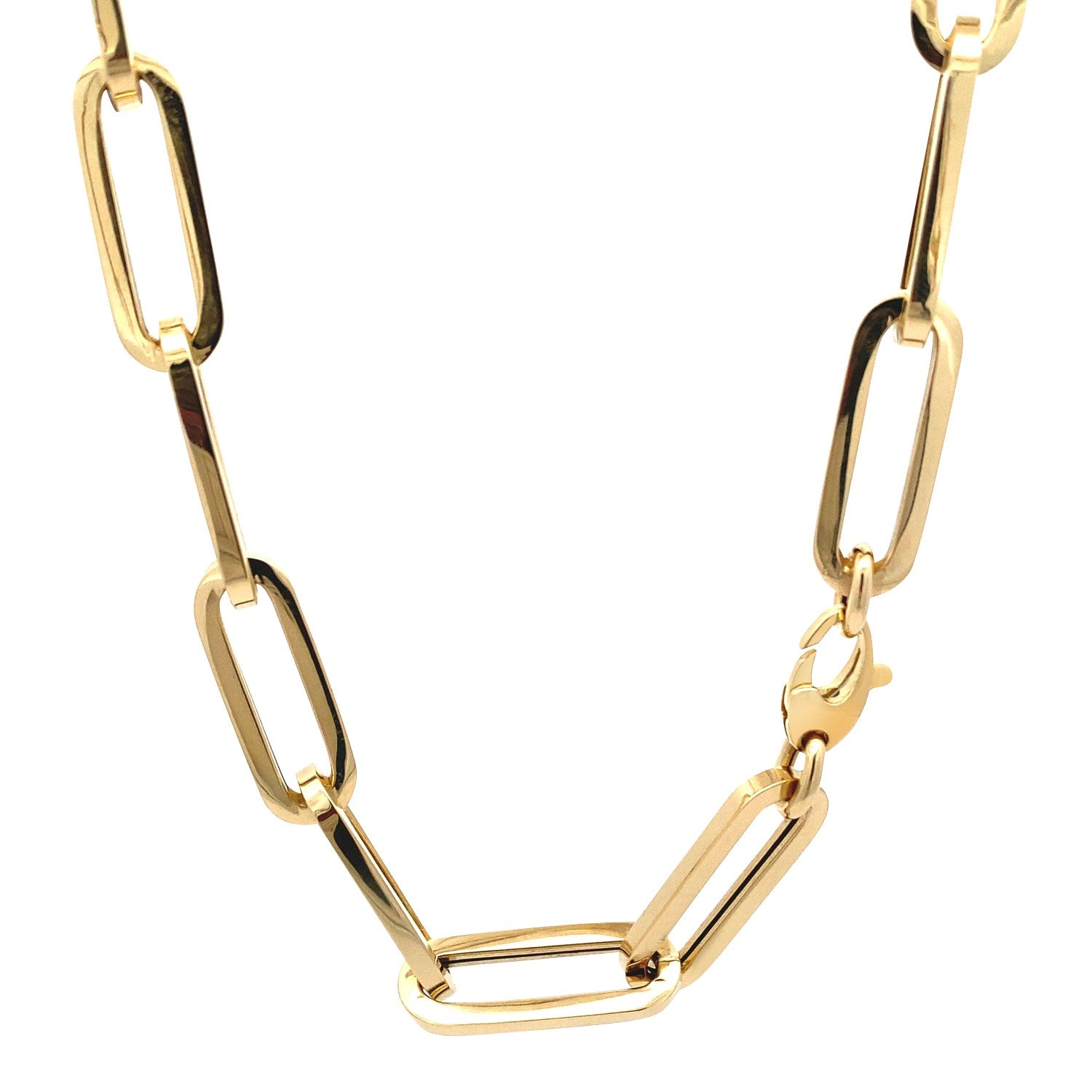 14k yellow gold extra wide paperclip chain necklace with a lobster clasp.