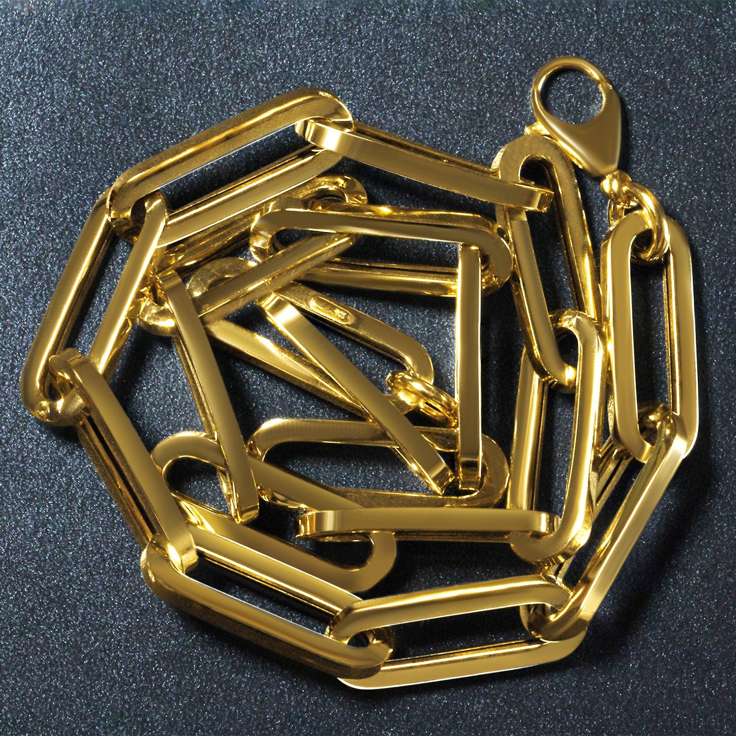 14k yellow gold extra wide paperclip chain necklace with a lobster clasp.