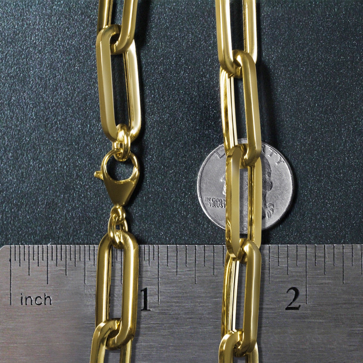 14k yellow gold extra wide paperclip chain necklace with a lobster clasp.
