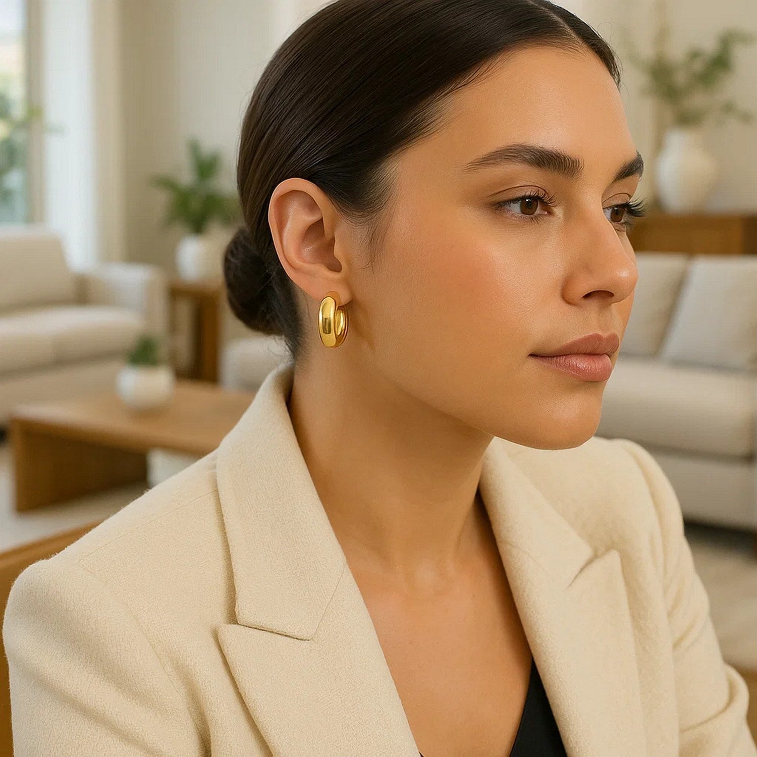 14k yellow gold large omega C hoops on a woman.