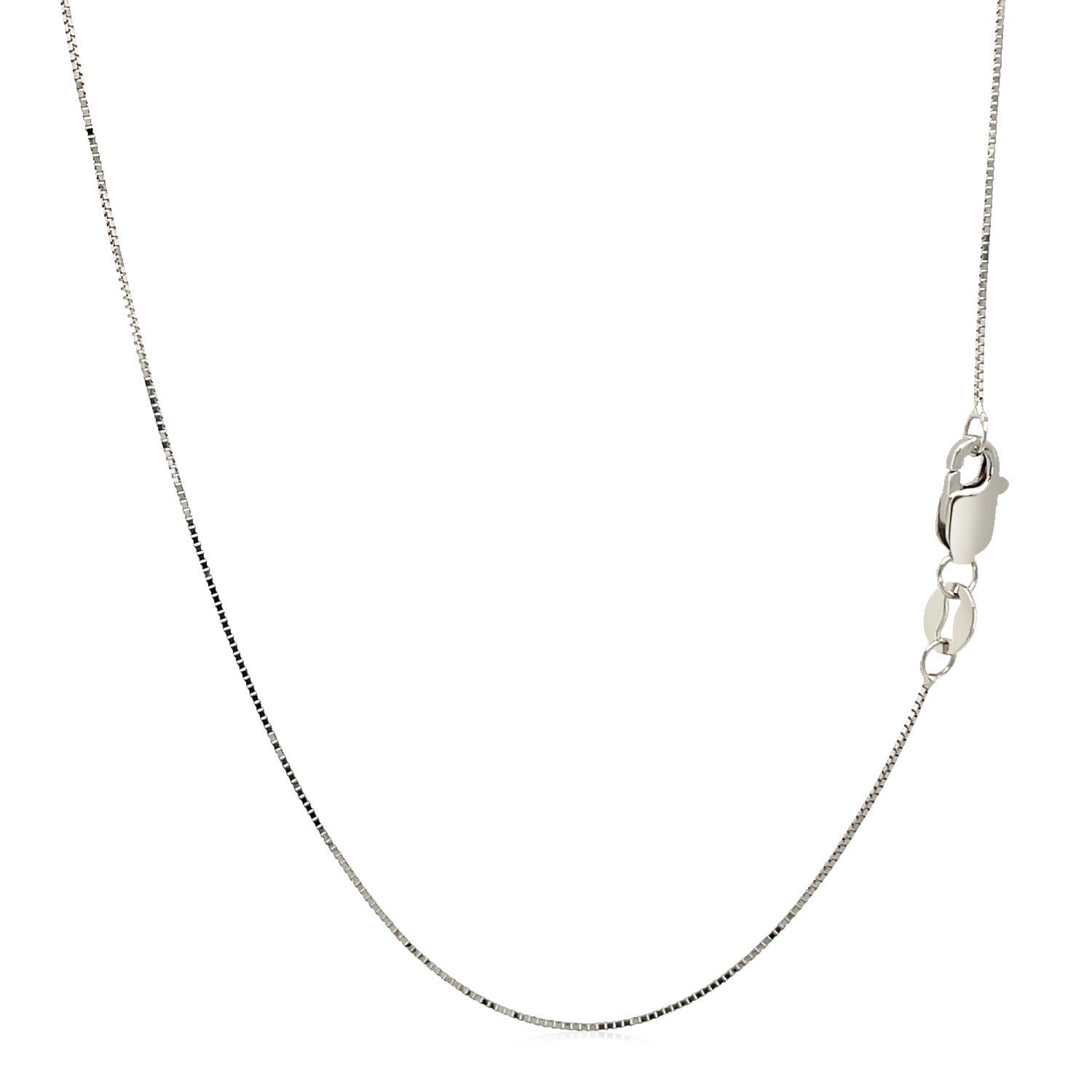 A thin 14k white gold box chain with a lobster clasp.