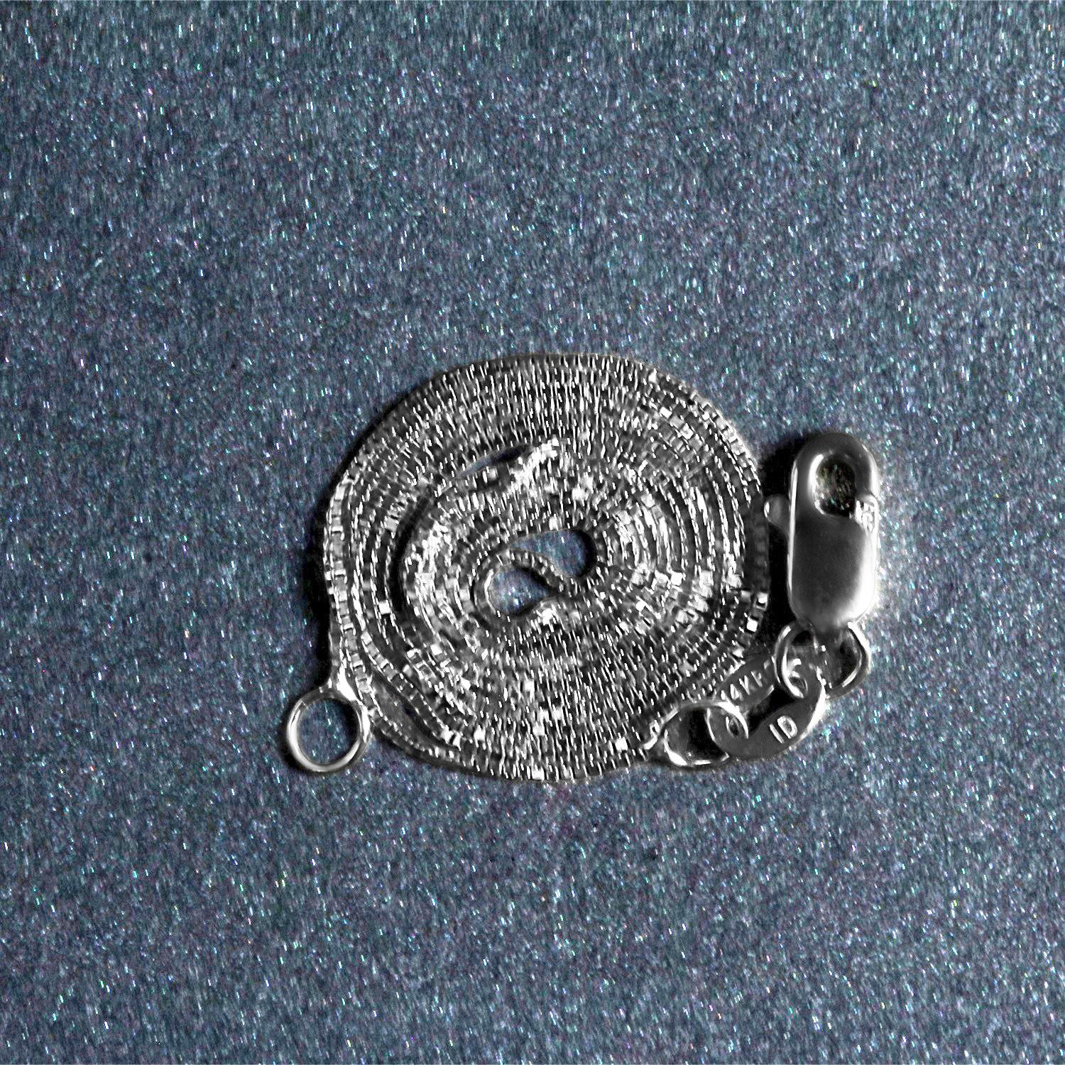 A coiled 14k white gold box chain with a lobster clasp.