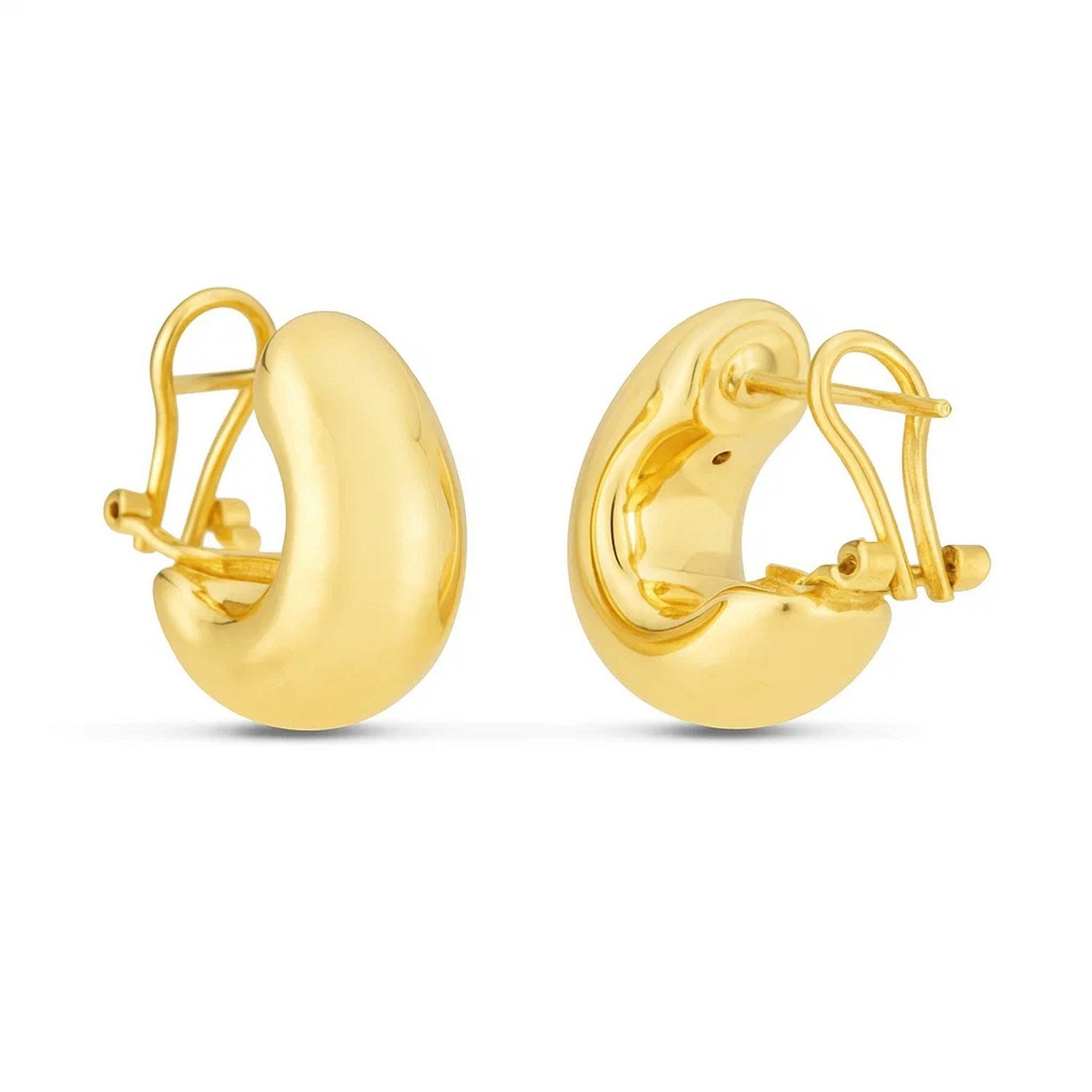 Pair of 14k yellow gold small omega C-hoop earrings with omega back closures.