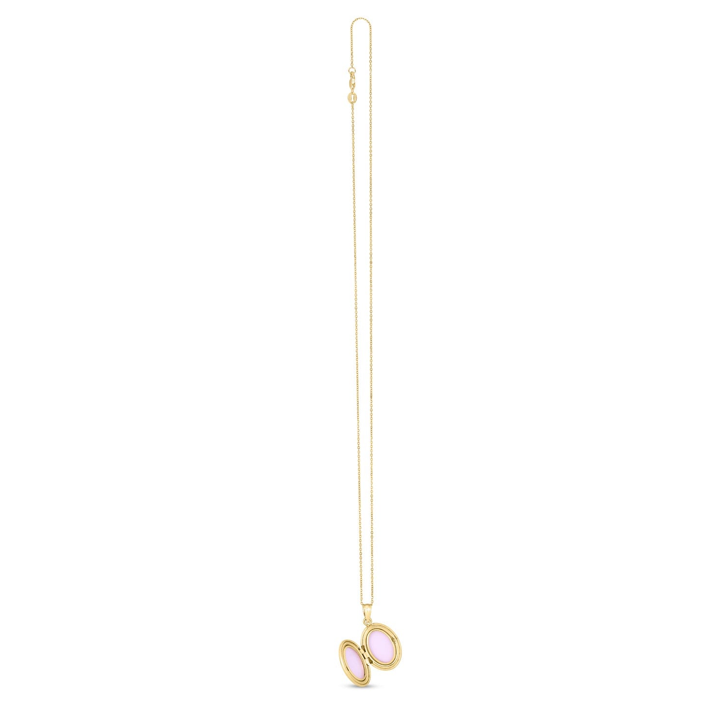 A long 14k yellow gold rolo chain necklace with an open oval locket.