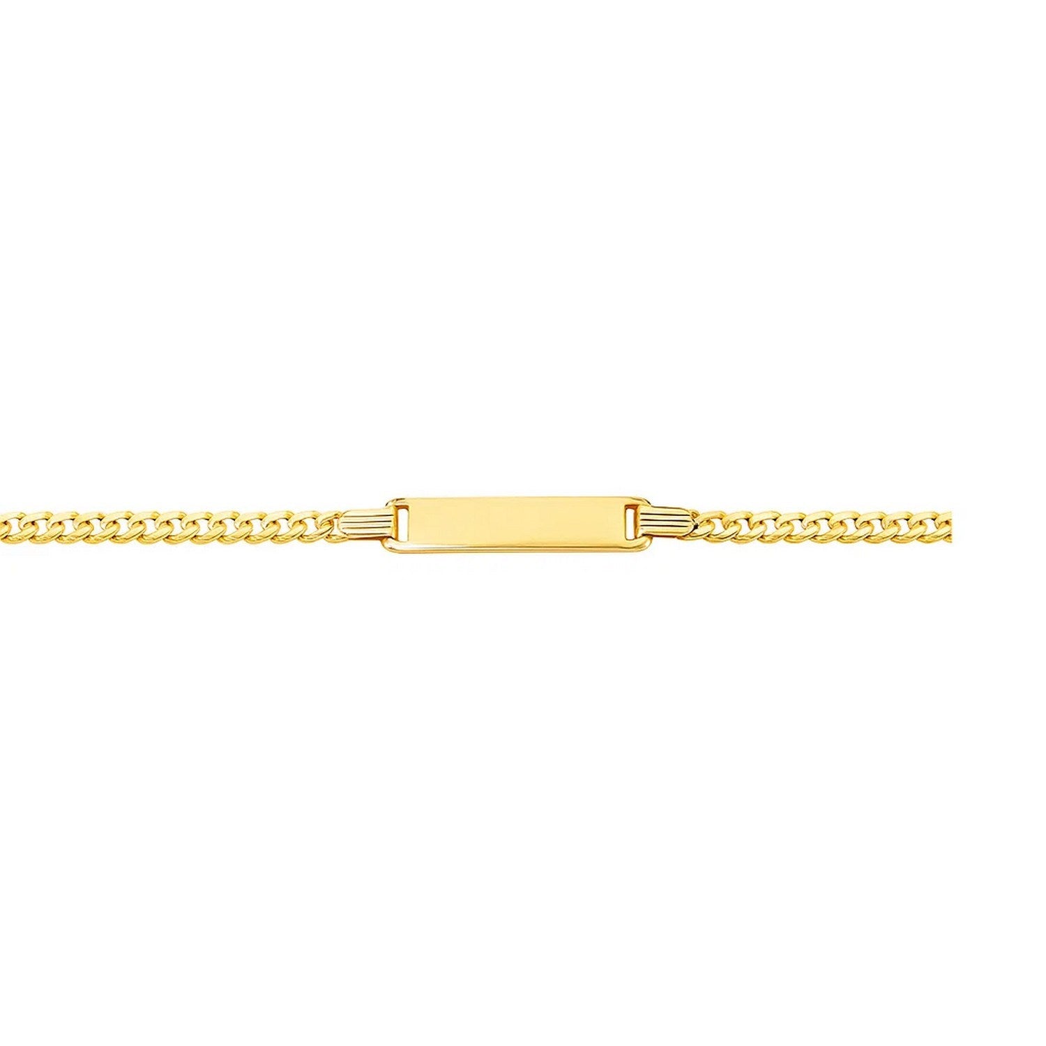 A 14k yellow gold curb link children's ID bracelet with a rectangular plate.