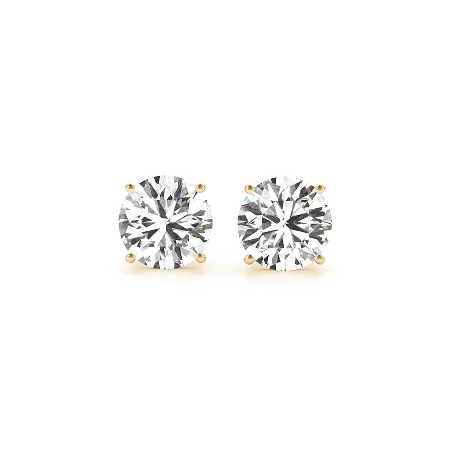 Two round lab-grown diamond stud earrings in four-prong yellow gold settings.