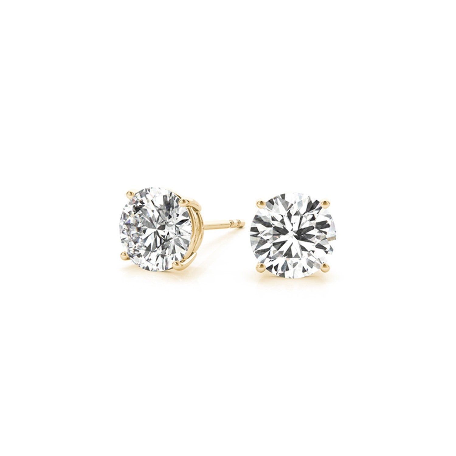 Two round lab-grown diamond stud earrings in 14k yellow gold with four-prong settings.