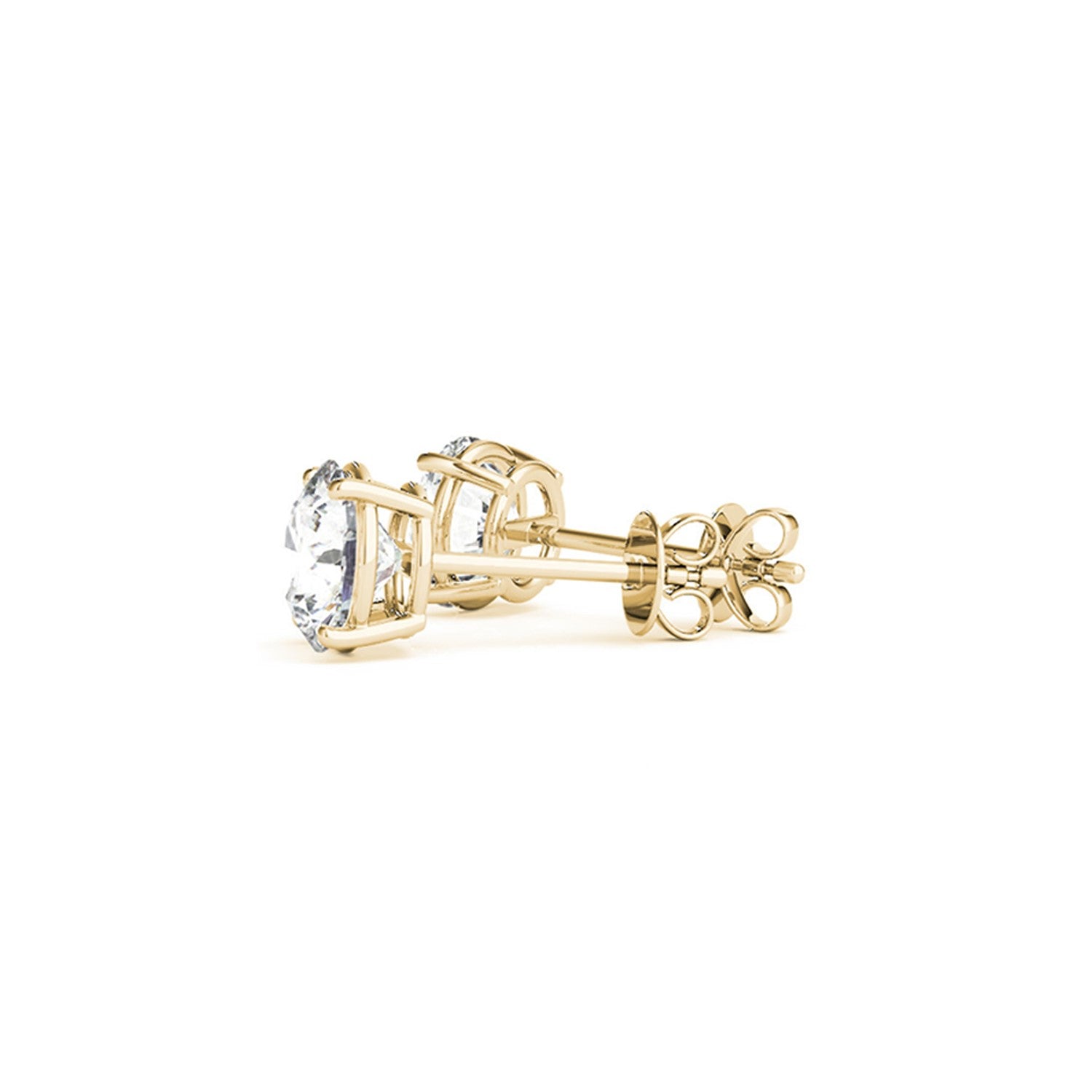 Two round lab-grown diamond stud earrings in 14k yellow gold with push backs.