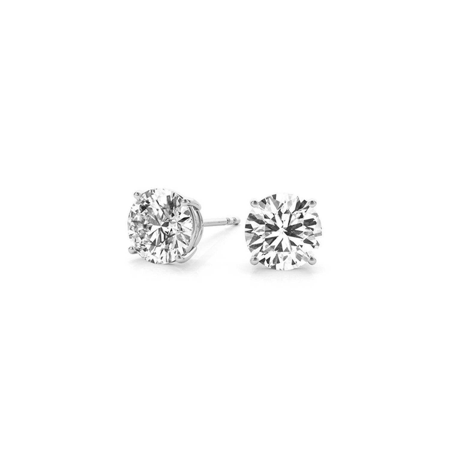 Two round lab-grown diamond stud earrings in 14k white gold with four-prong settings.